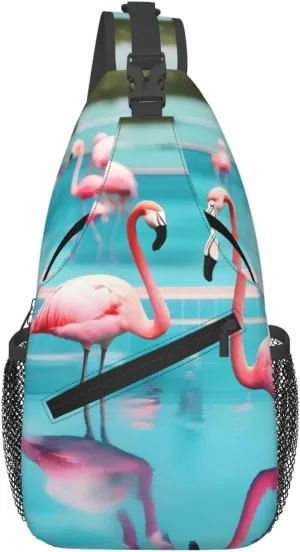Flamingo And Swimming Pool Print Crossbody Backpack Sling Bag Chest Bags Daypack For Sport Running Hiking Women Men Unisex