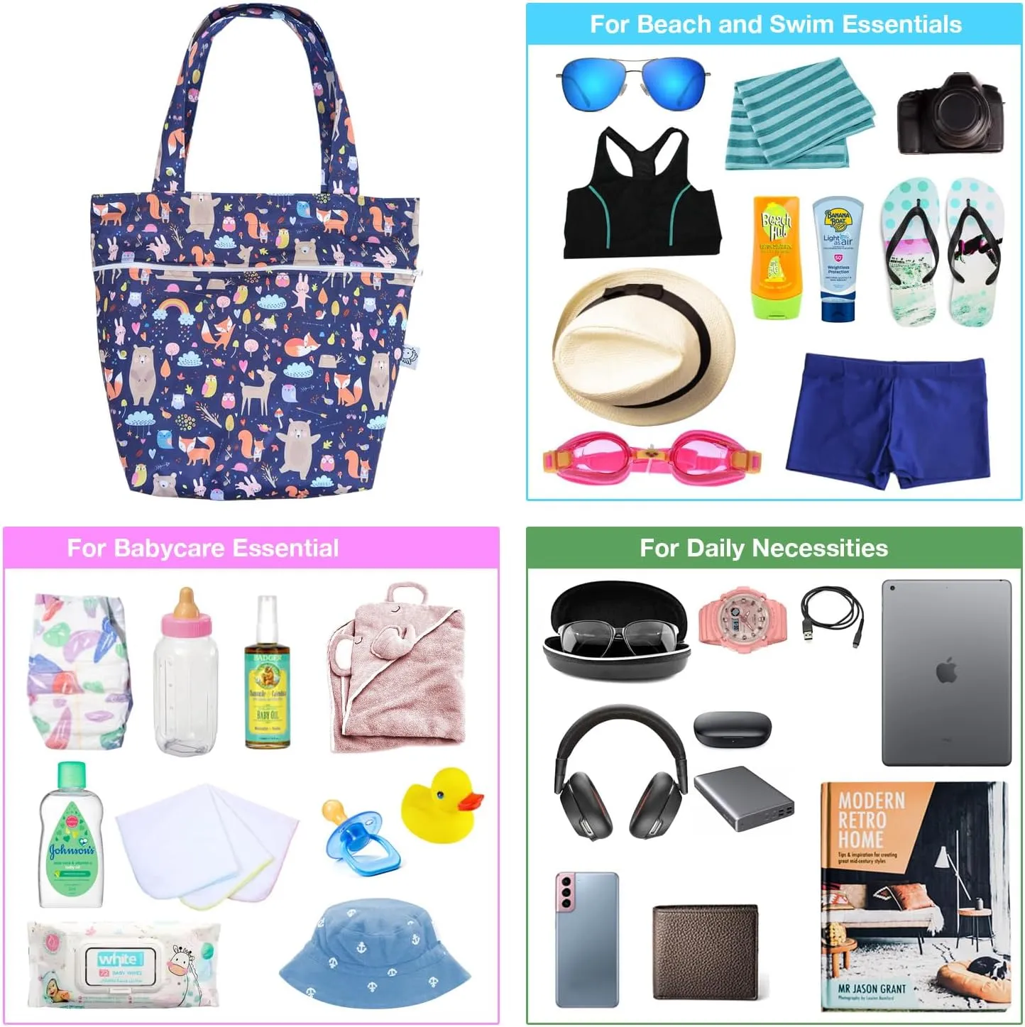 FLOCK THREE Leak Proof Large Tote Pool Bag Shoulder Handbag Water Proof with Zipper for Baby Care Sports Gym Grocery Travel