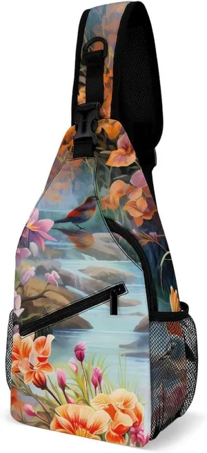 Flowers with Birds Sling Backpack Multipurpose Crossbody Shoulder Bag Printed Chest Bag Travel Hiking Daypack