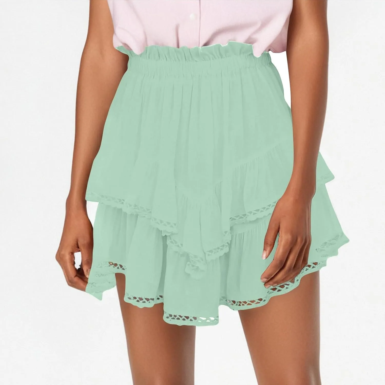 Flowy Shorts for Women Casual Boho Mini Skirts for Women High Waisted Ruffled Tiered Pleated Crochet Tennis Skorts Cute