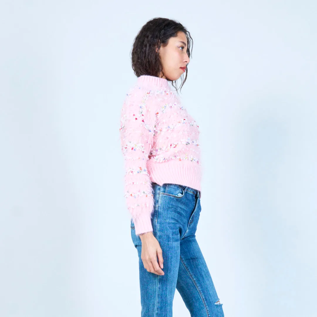 Fluffy embellished knit sweater wholesale