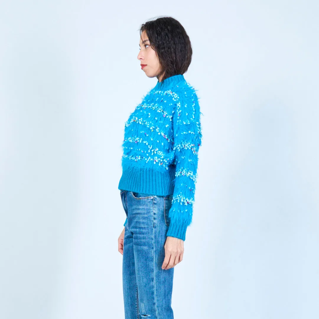 Fluffy embellished knit sweater wholesale
