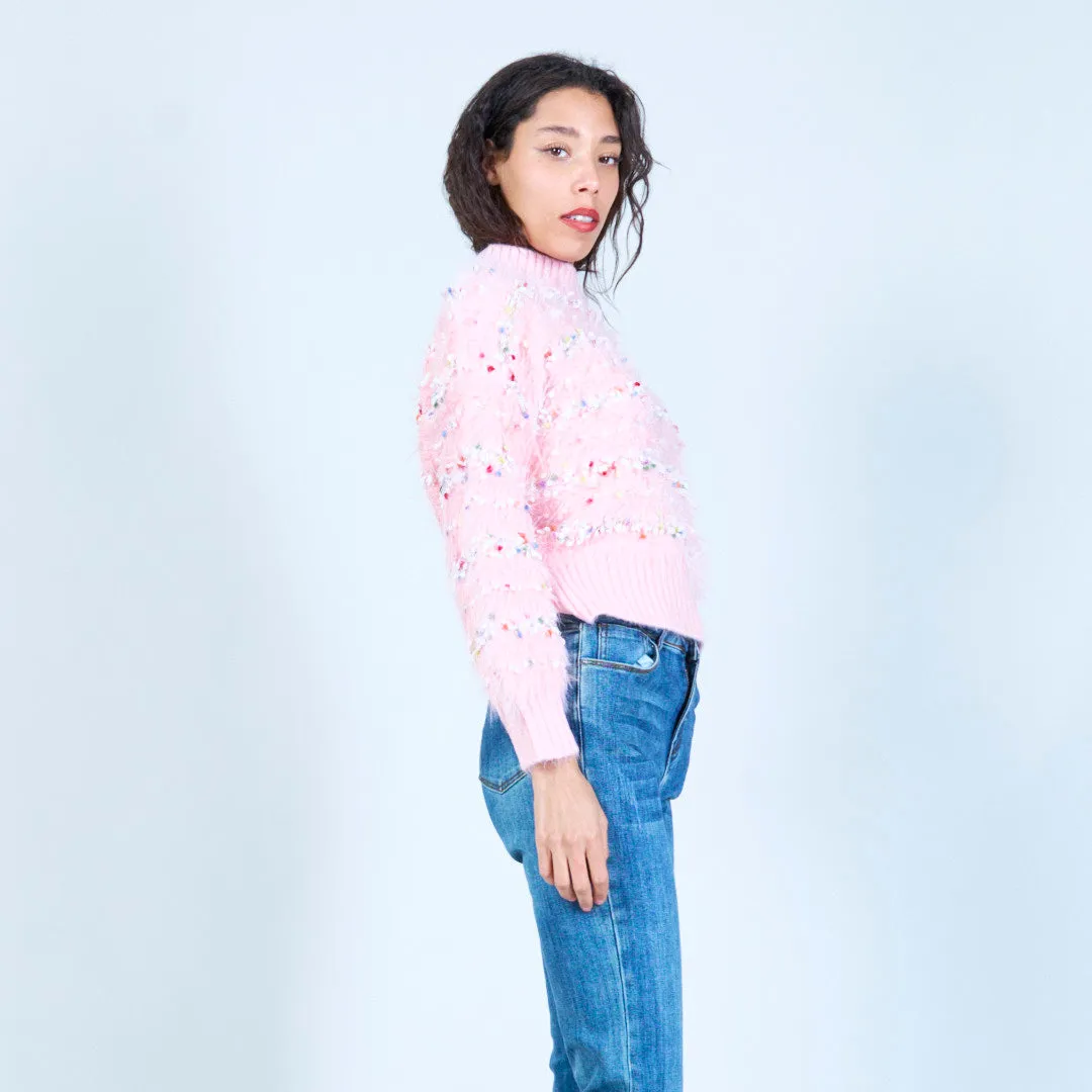Fluffy embellished knit sweater wholesale