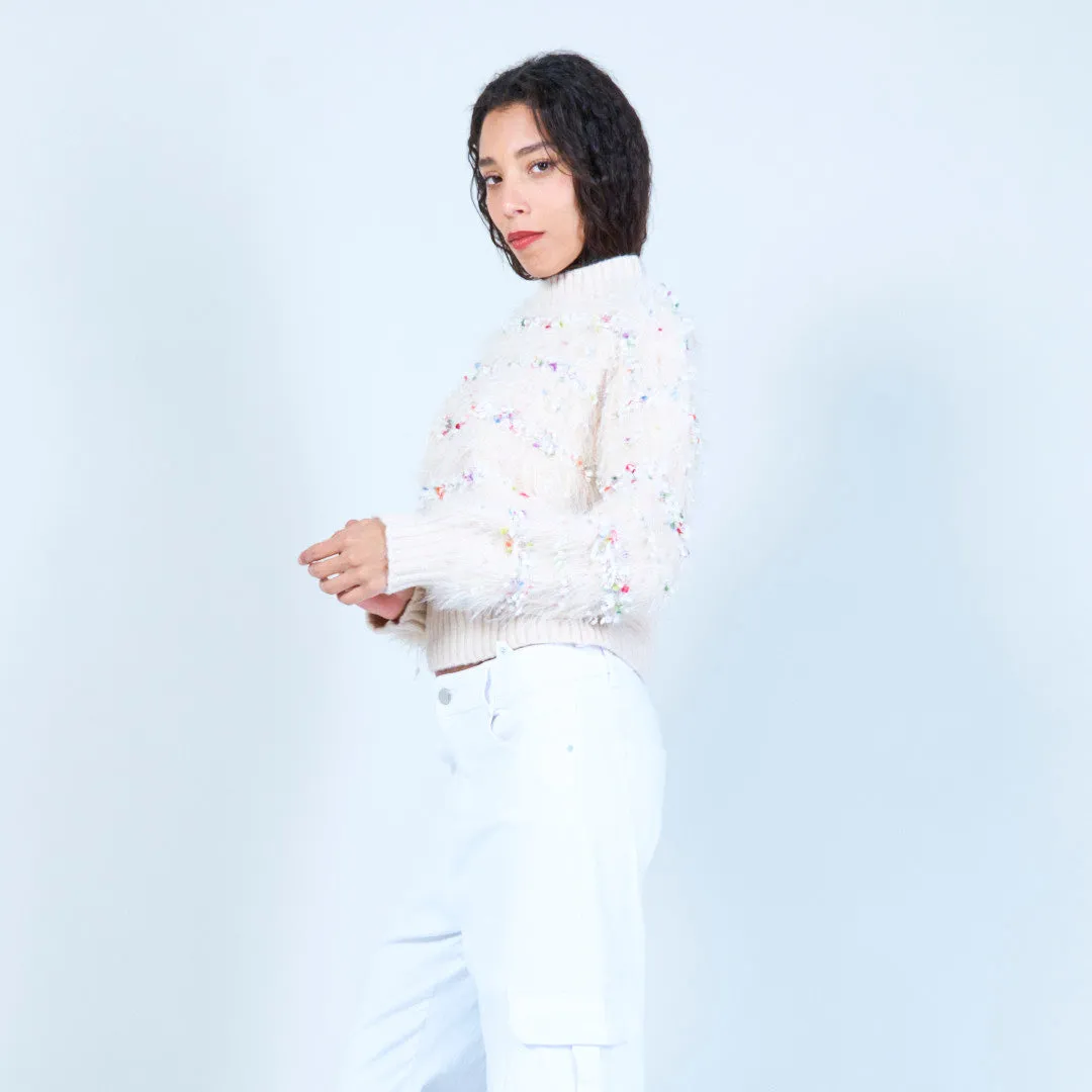 Fluffy embellished knit sweater wholesale