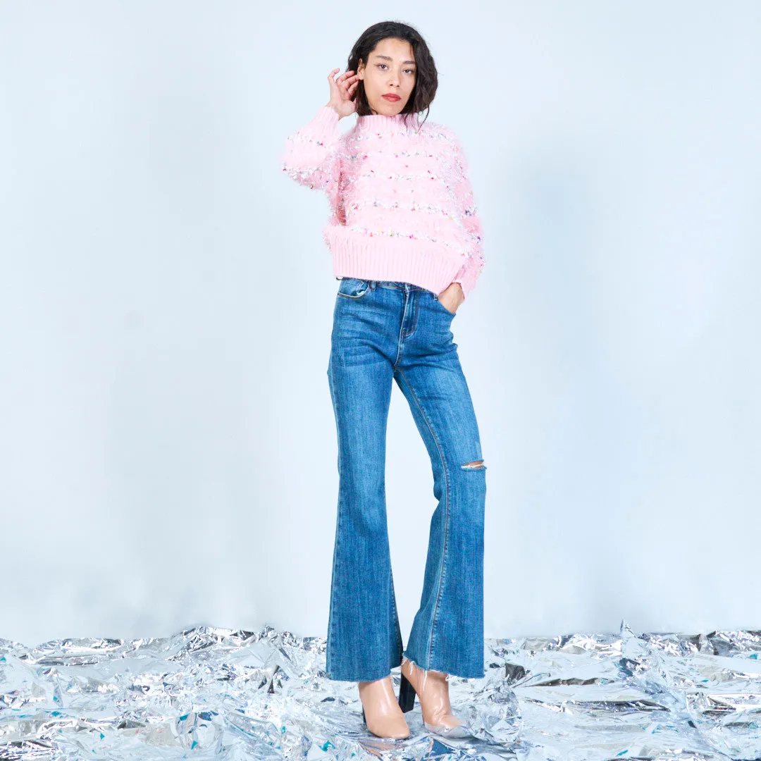 Fluffy embellished knit sweater wholesale