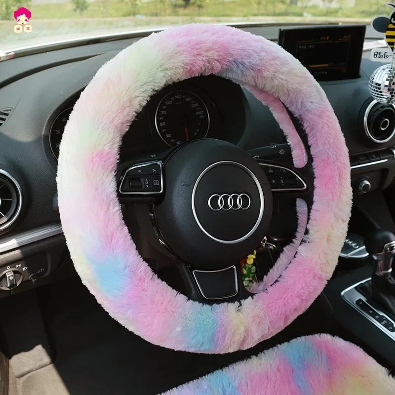Fluffy Rainbow Car Accessories- Warm and cozy for Winter