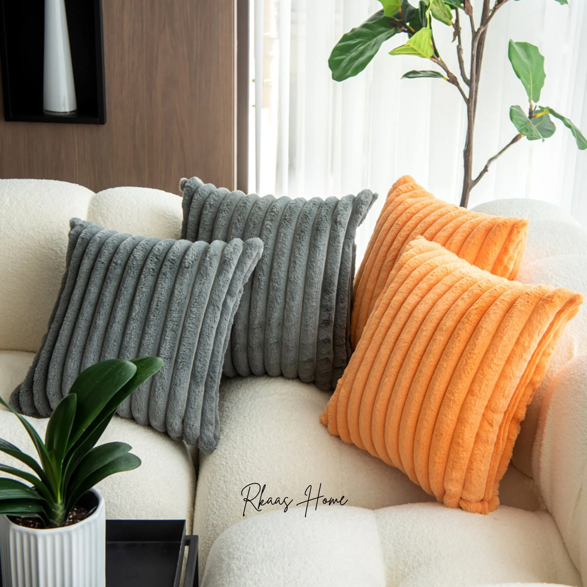Fluffy Striped Soft Plush Faux Fur Corduroy Style Cushion Covers 45X45