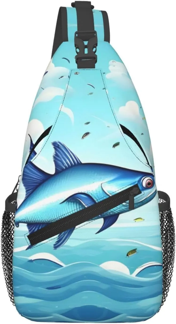 Flying Fish In The Oceans Print Crossbody Backpack Sling Bag Chest Bags Daypack For Sport Running Hiking Women Men Unisex