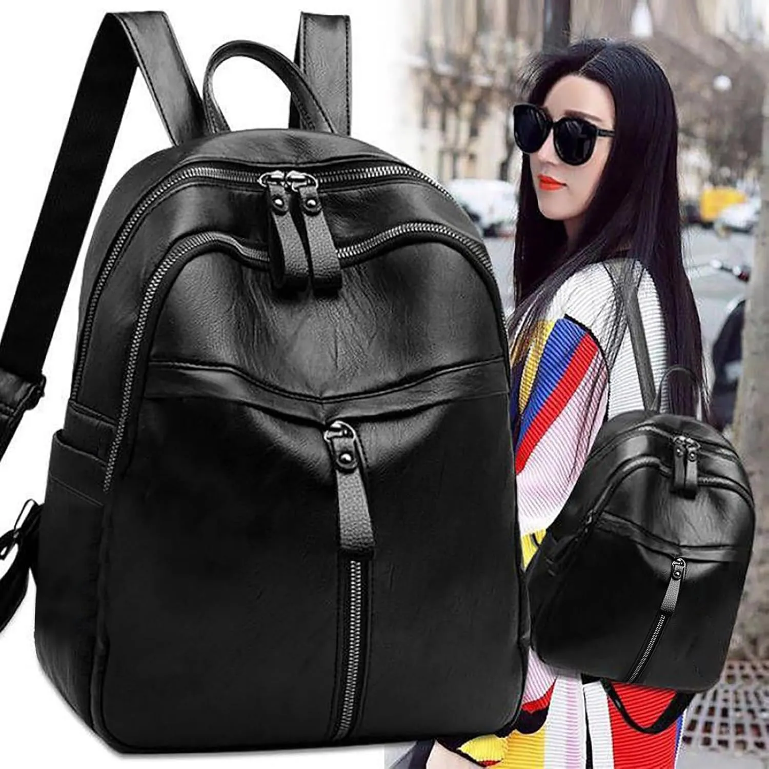 FNKDOR Women's School Backpack Faux Leather Teenager Girls Fashionable Multiple Compartment Travel Backpack 11.6 x 10 x 3.9 Inches
