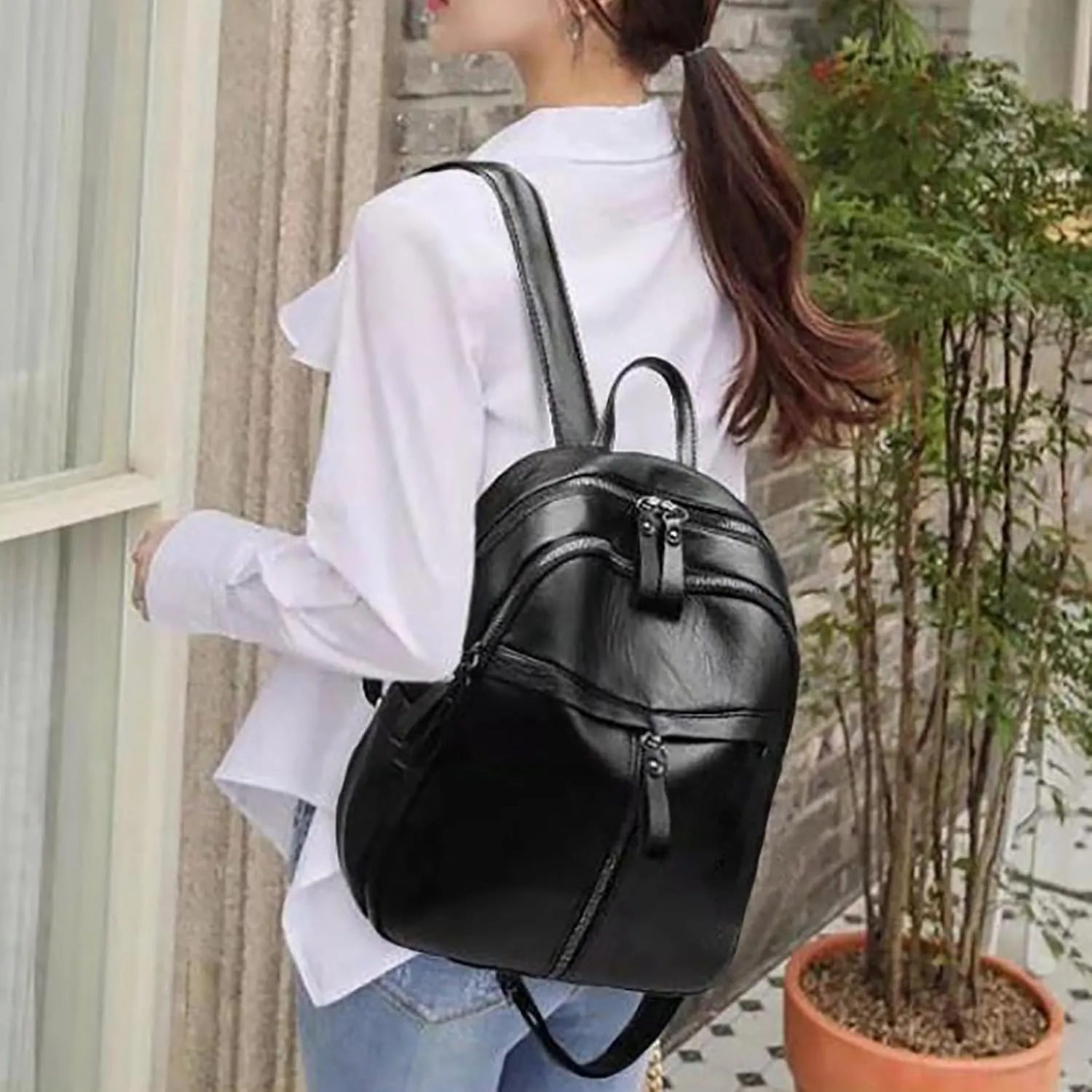 FNKDOR Women's School Backpack Faux Leather Teenager Girls Fashionable Multiple Compartment Travel Backpack 11.6 x 10 x 3.9 Inches
