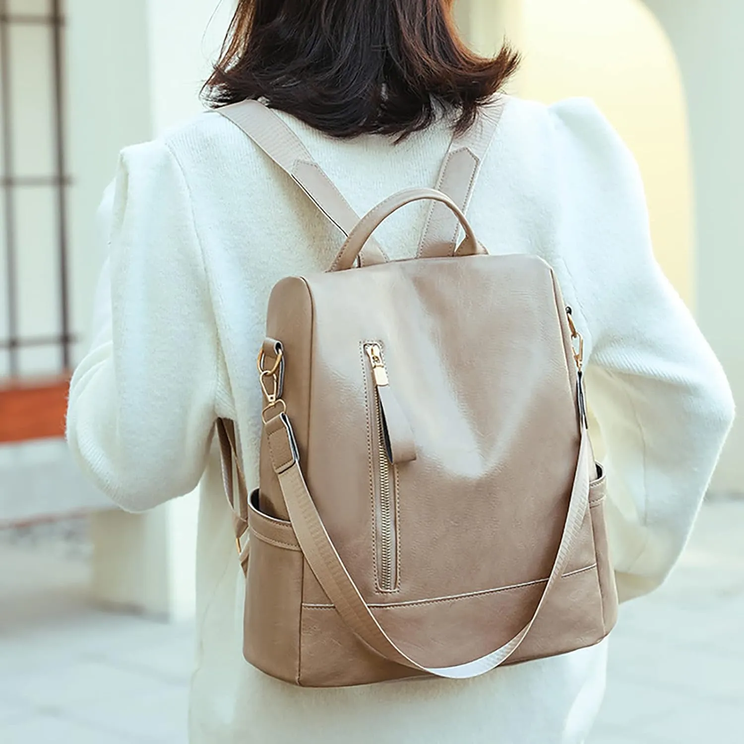 FNKDOR Women's School Backpack Travel Backpack Faux Leather Shoulder Bag Teenager Girls Multifunctional Backpack 12.6 x 12.6 x 5.9 Inches