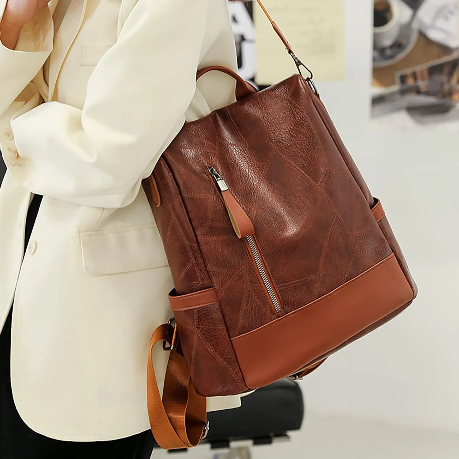 FNKDOR Women's School Backpack Travel Backpack Faux Leather Shoulder Bag Teenager Girls Multifunctional Backpack 12.6 x 13.4 x 5.5 Inches