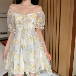 French Vintage Fairy Chiffon Lace Dress & Blouse with Puff Sleeves