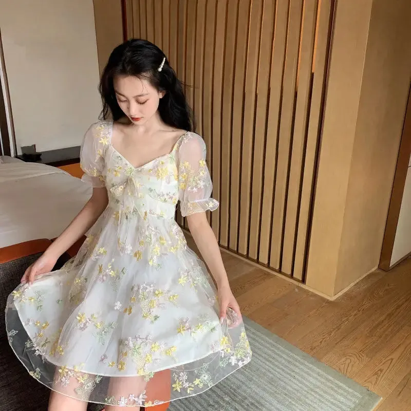 French Vintage Fairy Chiffon Lace Dress & Blouse with Puff Sleeves