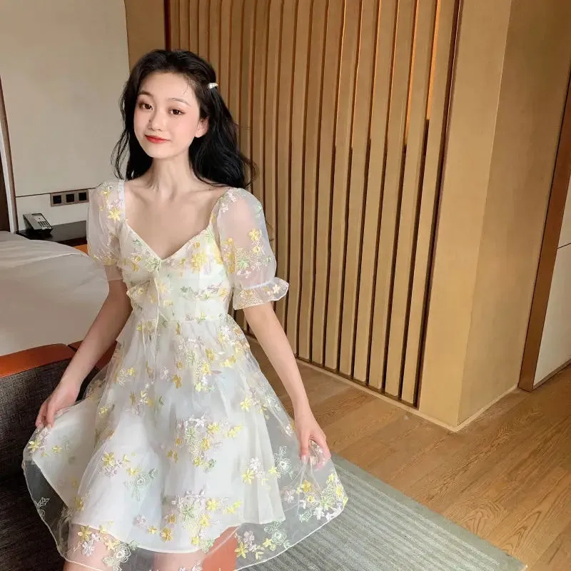 French Vintage Fairy Chiffon Lace Dress & Blouse with Puff Sleeves