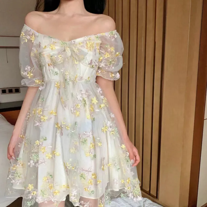 French Vintage Fairy Chiffon Lace Dress & Blouse with Puff Sleeves