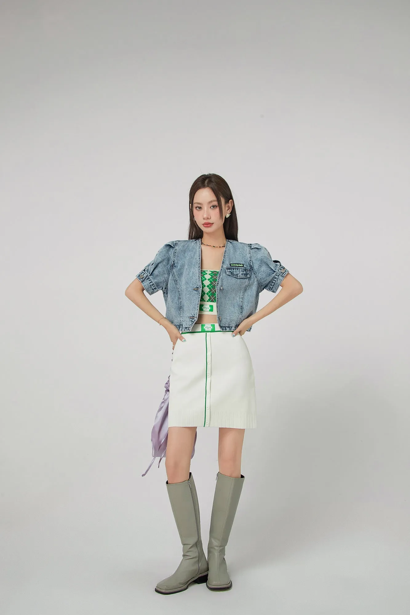 Front Buttons Ribbed Mini Skirt