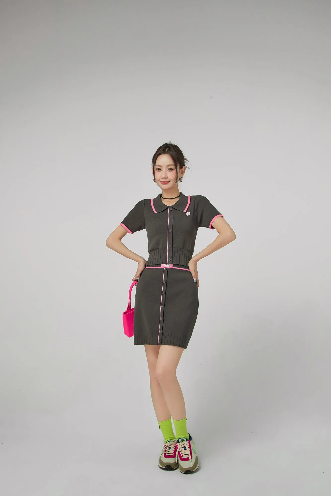 Front Buttons Ribbed Mini Skirt