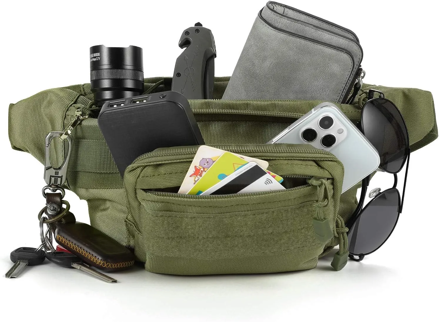 FRTKK Tactical Fanny Pack Military Waist Bag Pack with USA Flag Patch Utility Hip Pack with Adjustable Strap for Outdoors Fishing Cycling Camping Hiking Dog Walking, Army green 2, Fanny Pack