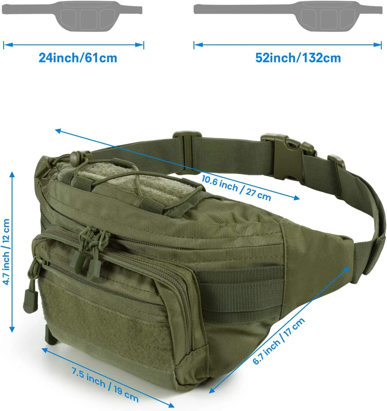 FRTKK Tactical Fanny Pack Military Waist Bag Pack with USA Flag Patch Utility Hip Pack with Adjustable Strap for Outdoors Fishing Cycling Camping Hiking Dog Walking, Army green 2, Fanny Pack