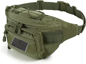 FRTKK Tactical Fanny Pack Military Waist Bag Pack with USA Flag Patch Utility Hip Pack with Adjustable Strap for Outdoors Fishing Cycling Camping Hiking Dog Walking, Army green 2, Fanny Pack