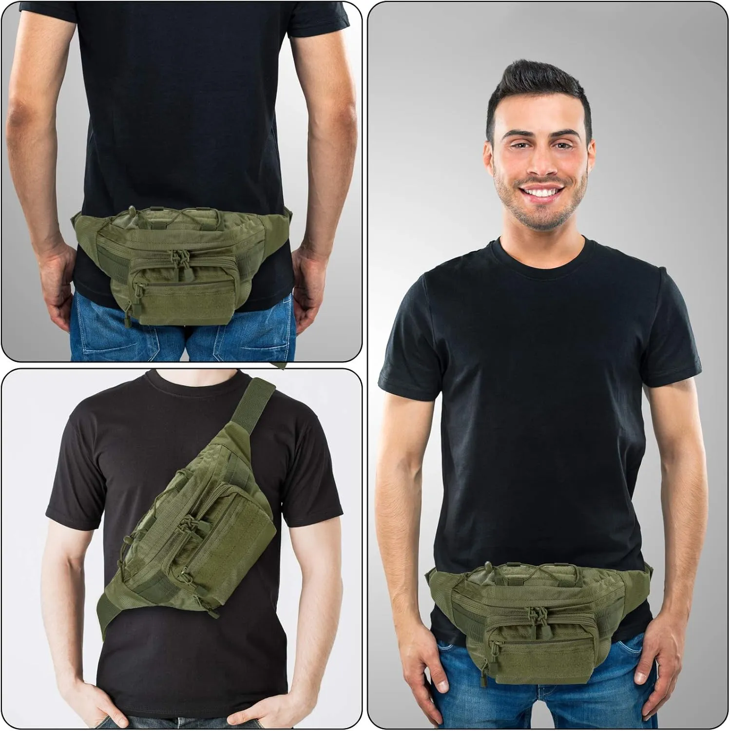 FRTKK Tactical Fanny Pack Military Waist Bag Pack with USA Flag Patch Utility Hip Pack with Adjustable Strap for Outdoors Fishing Cycling Camping Hiking Dog Walking, Army green 2, Fanny Pack