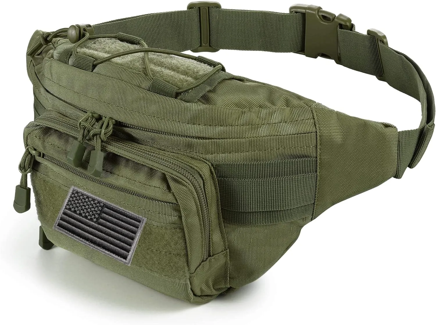 FRTKK Tactical Fanny Pack Military Waist Bag Pack with USA Flag Patch Utility Hip Pack with Adjustable Strap for Outdoors Fishing Cycling Camping Hiking Dog Walking, Army green 2, Fanny Pack