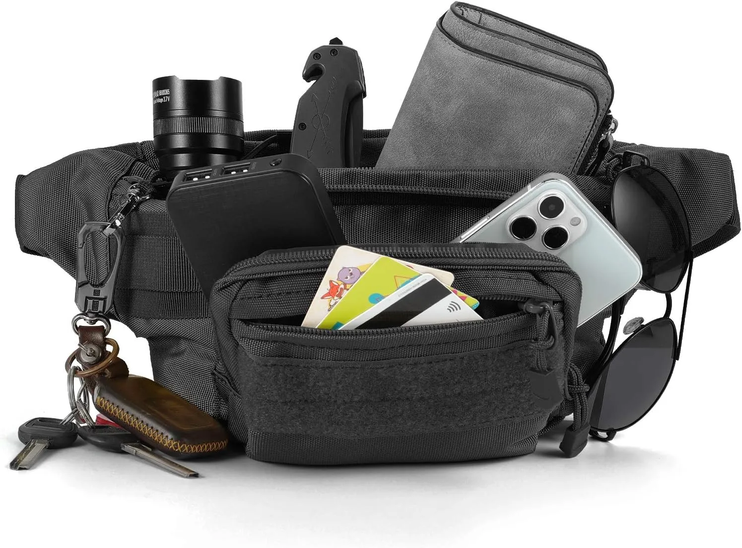 FRTKK Tactical Fanny Pack Military Waist Bag Pack with USA Flag Patch Utility Hip Pack with Adjustable Strap for Outdoors Fishing Cycling Camping Hiking Dog Walking, Black 2, 14.9 inches long, 5.9