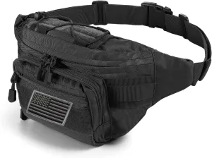 FRTKK Tactical Fanny Pack Military Waist Bag Pack with USA Flag Patch Utility Hip Pack with Adjustable Strap for Outdoors Fishing Cycling Camping Hiking Dog Walking, Black 2, 14.9 inches long, 5.9