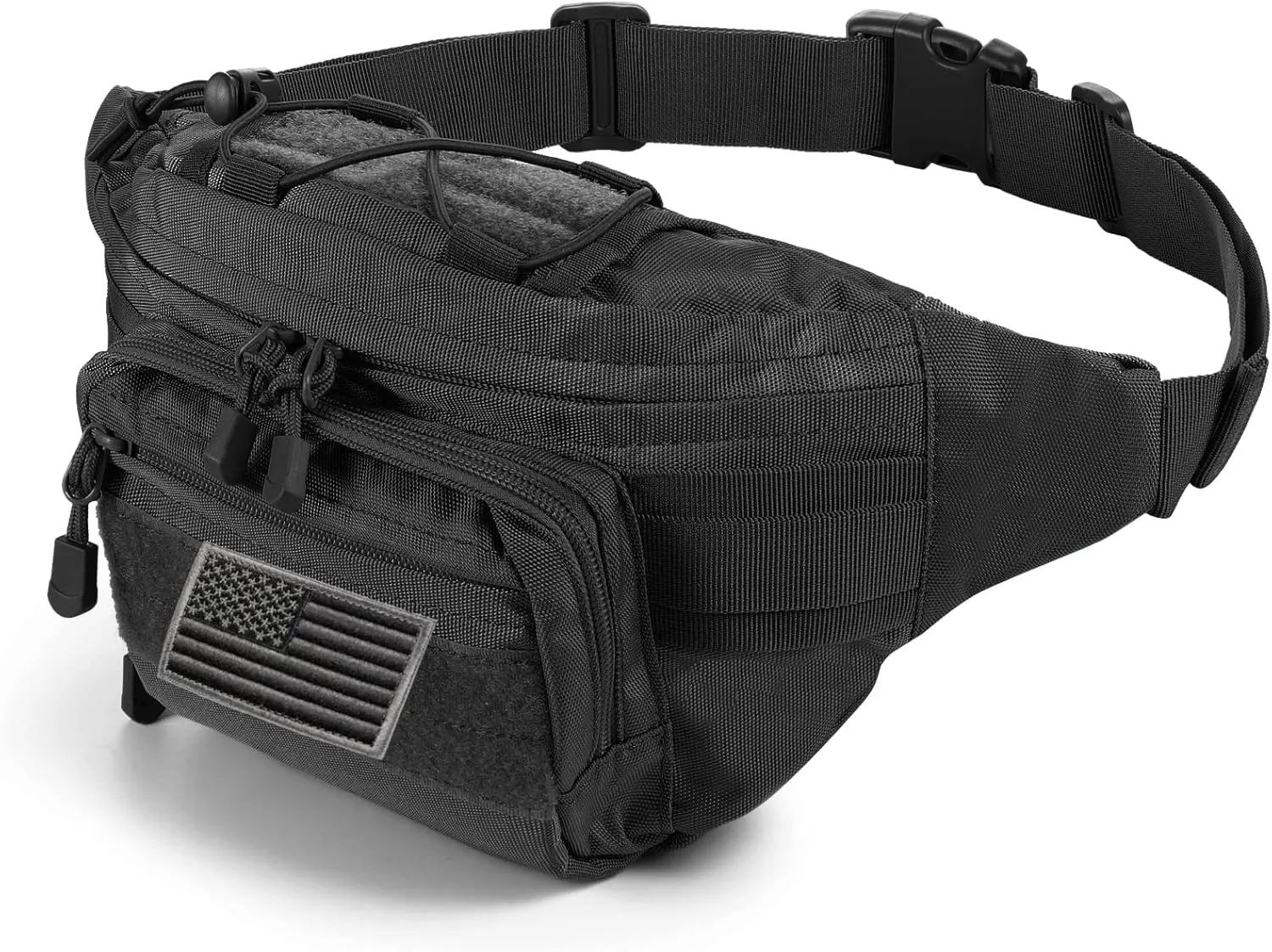 FRTKK Tactical Fanny Pack Military Waist Bag Pack with USA Flag Patch Utility Hip Pack with Adjustable Strap for Outdoors Fishing Cycling Camping Hiking Dog Walking, Black 2, 14.9 inches long, 5.9