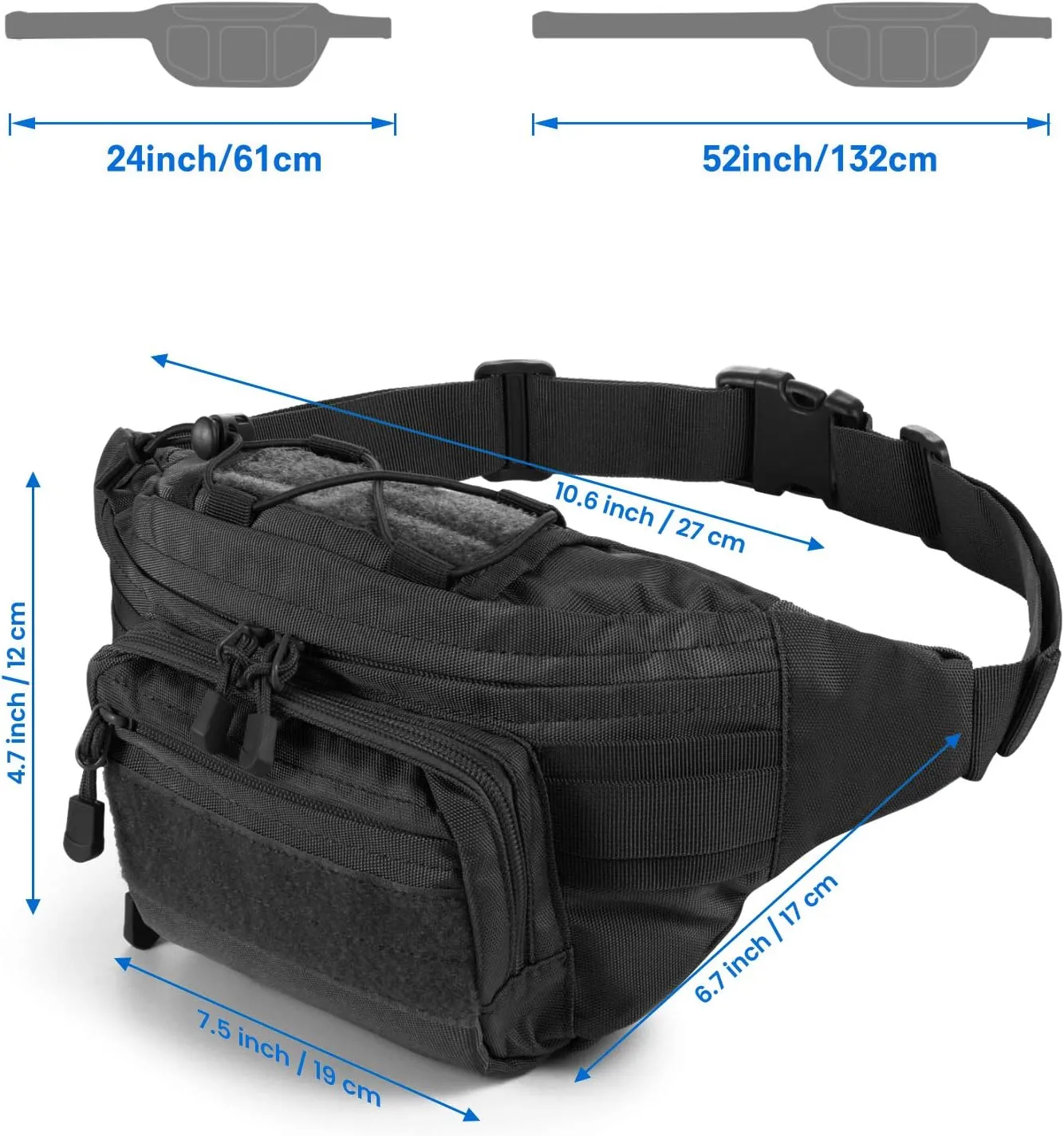 FRTKK Tactical Fanny Pack Military Waist Bag Pack with USA Flag Patch Utility Hip Pack with Adjustable Strap for Outdoors Fishing Cycling Camping Hiking Dog Walking, Black 2, 14.9 inches long, 5.9