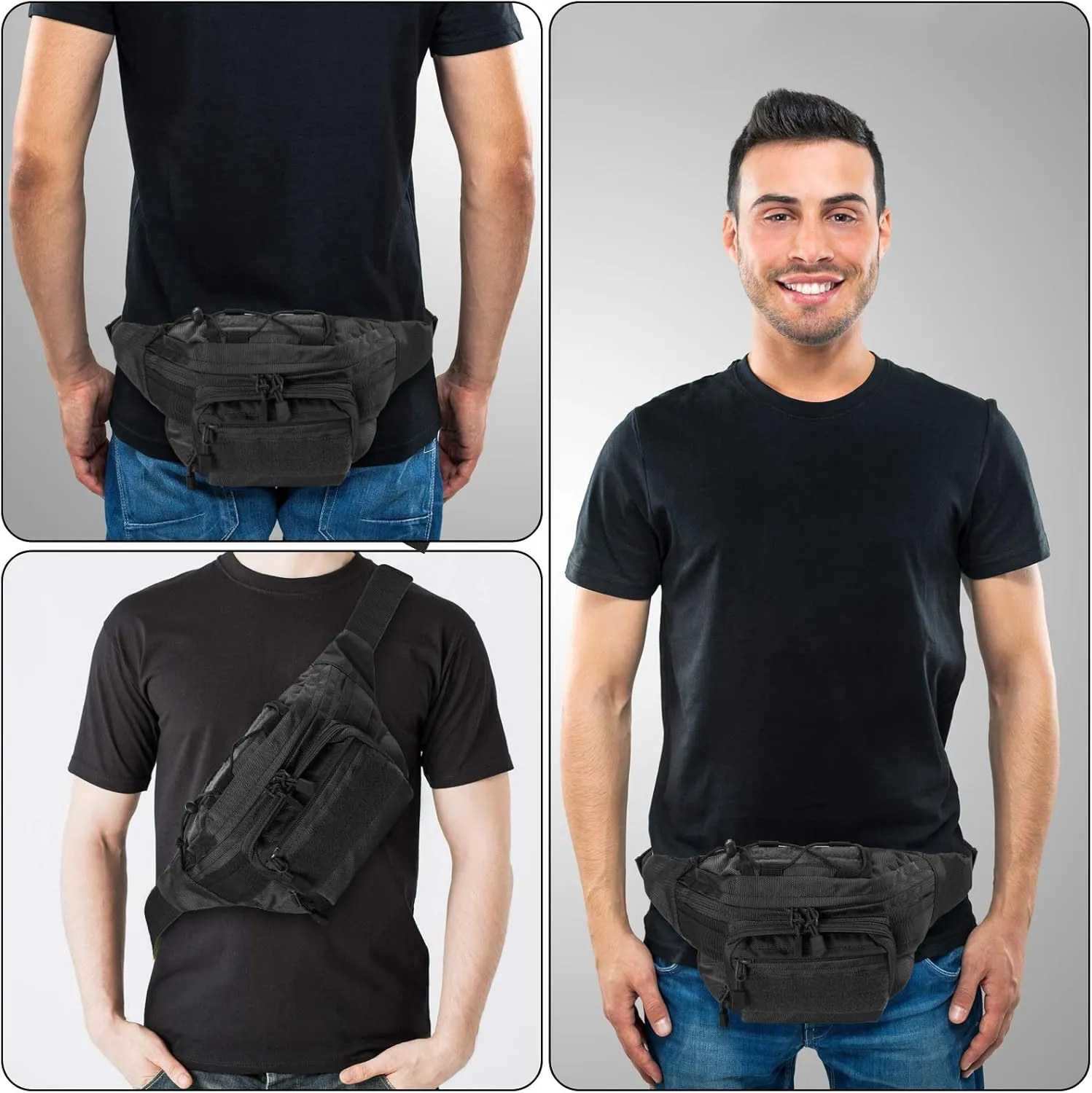FRTKK Tactical Fanny Pack Military Waist Bag Pack with USA Flag Patch Utility Hip Pack with Adjustable Strap for Outdoors Fishing Cycling Camping Hiking Dog Walking, Black 2, 14.9 inches long, 5.9