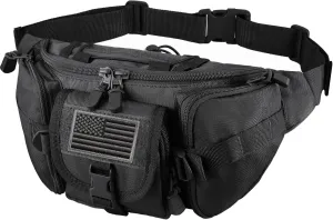 FRTKK Tactical Fanny Pack Military Waist Bag Pack with USA Flag Patch Utility Hip Pack with Adjustable Strap for Outdoors Fishing Cycling Camping Hiking Dog Walking, Black, Small, Fanny Pack