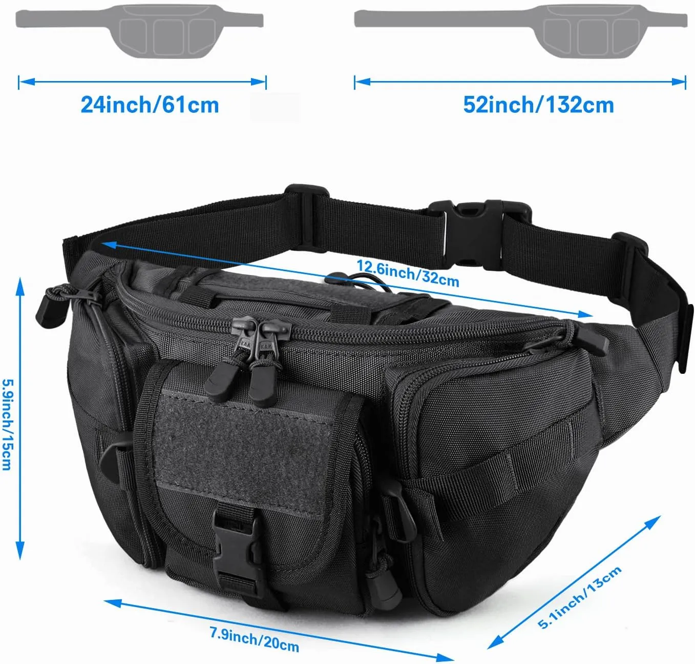FRTKK Tactical Fanny Pack Military Waist Bag Pack with USA Flag Patch Utility Hip Pack with Adjustable Strap for Outdoors Fishing Cycling Camping Hiking Dog Walking, Black, Small, Fanny Pack