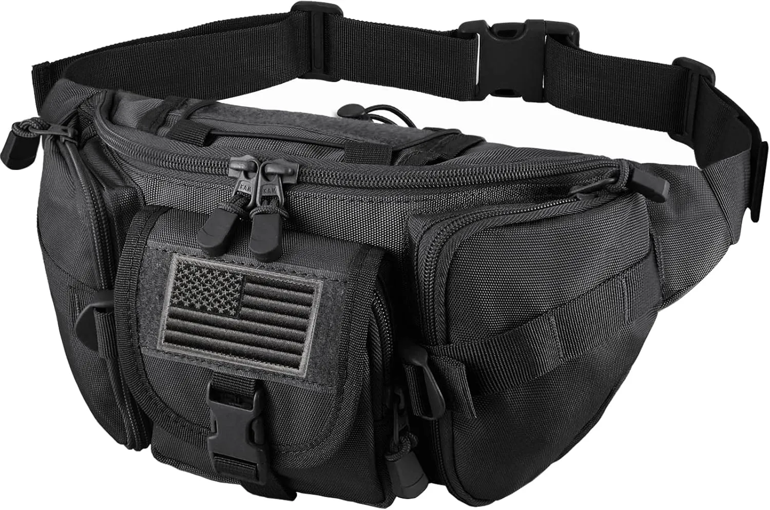 FRTKK Tactical Fanny Pack Military Waist Bag Pack with USA Flag Patch Utility Hip Pack with Adjustable Strap for Outdoors Fishing Cycling Camping Hiking Dog Walking, Black, Small, Fanny Pack