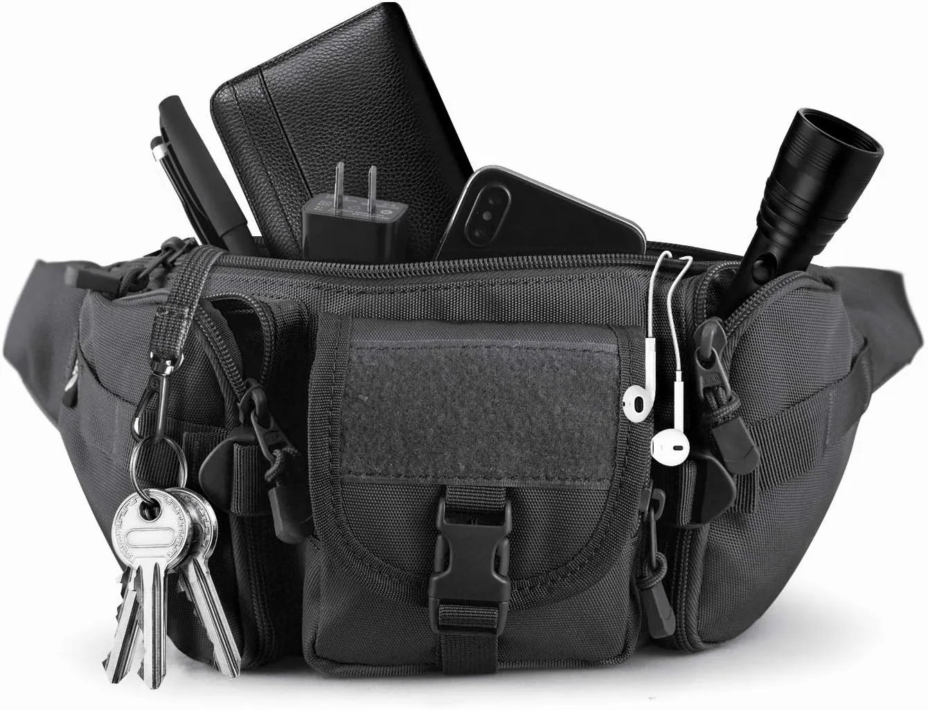 FRTKK Tactical Fanny Pack Military Waist Bag Pack with USA Flag Patch Utility Hip Pack with Adjustable Strap for Outdoors Fishing Cycling Camping Hiking Dog Walking, Black, Small, Fanny Pack