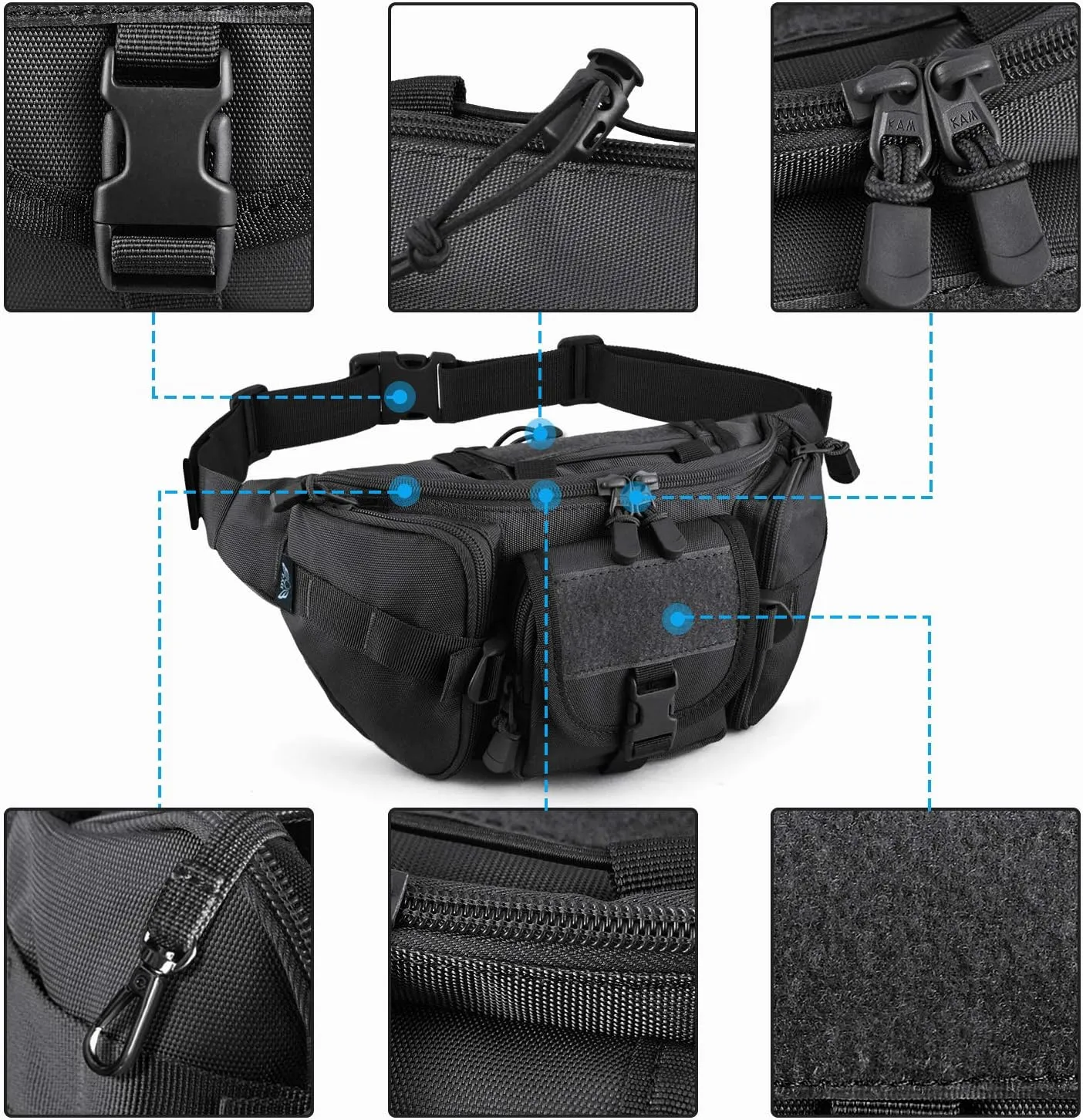 FRTKK Tactical Fanny Pack Military Waist Bag Pack with USA Flag Patch Utility Hip Pack with Adjustable Strap for Outdoors Fishing Cycling Camping Hiking Dog Walking, Black, Small, Fanny Pack