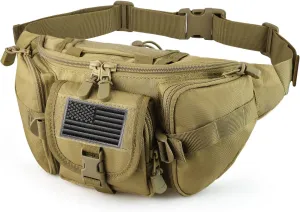 FRTKK Tactical Fanny Pack Military Waist Bag Pack with USA Flag Patch Utility Hip Pack with Adjustable Strap for Outdoors Fishing Cycling Camping Hiking Dog Walking, Tan, 12.6 x 5.9 x 5.1 inches,