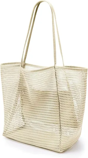 Geiruiou Travel Essentials Beach Tote Bag Waterproof Mesh Beach Bag for Women - Cruise Ship Essentials and Vacation Must-Have, Beige, Large