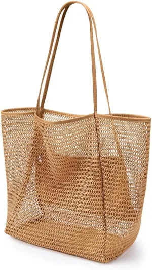 Geiruiou Travel Essentials Beach Tote Bag Waterproof Mesh Beach Bag for Women - Cruise Ship Essentials and Vacation Must-Have, Khaki, Large