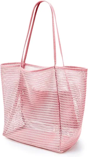 Geiruiou Travel Essentials Beach Tote Bag Waterproof Mesh Beach Bag for Women - Cruise Ship Essentials and Vacation Must-Have, Pink, Large