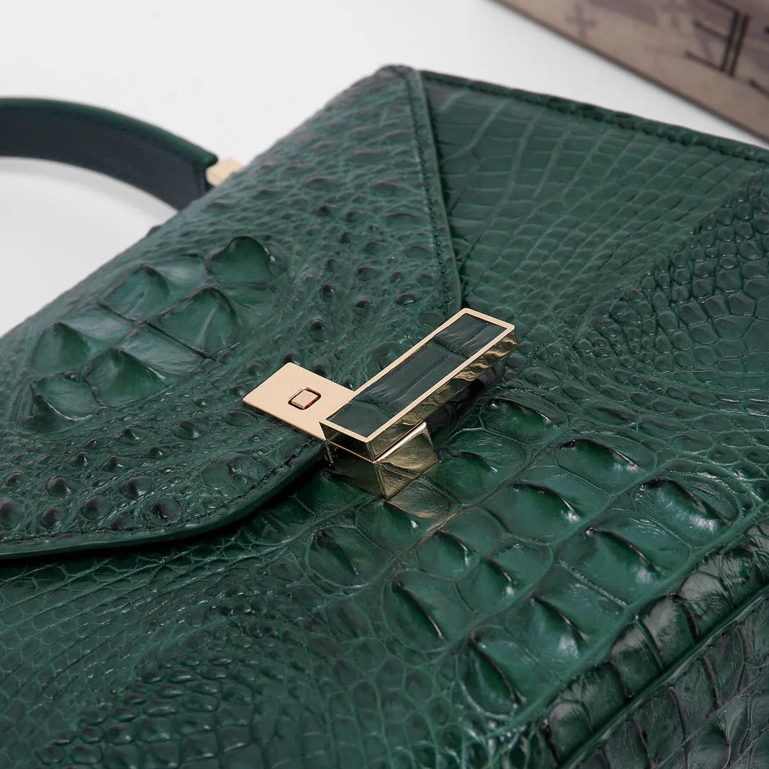 Genuine Crocodile Skin Bone  Leather Top Handle Bags Dark Green