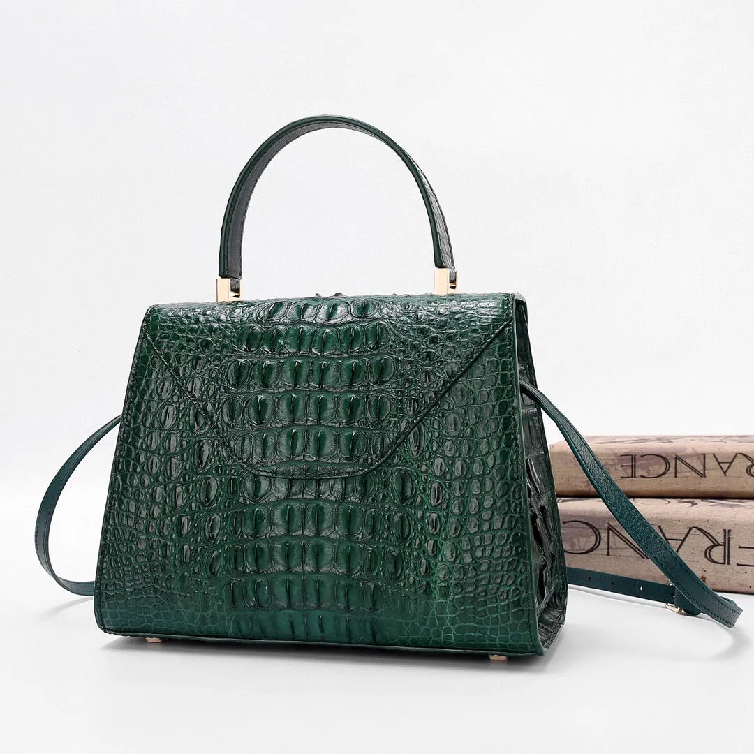 Genuine Crocodile Skin Bone  Leather Top Handle Bags Dark Green