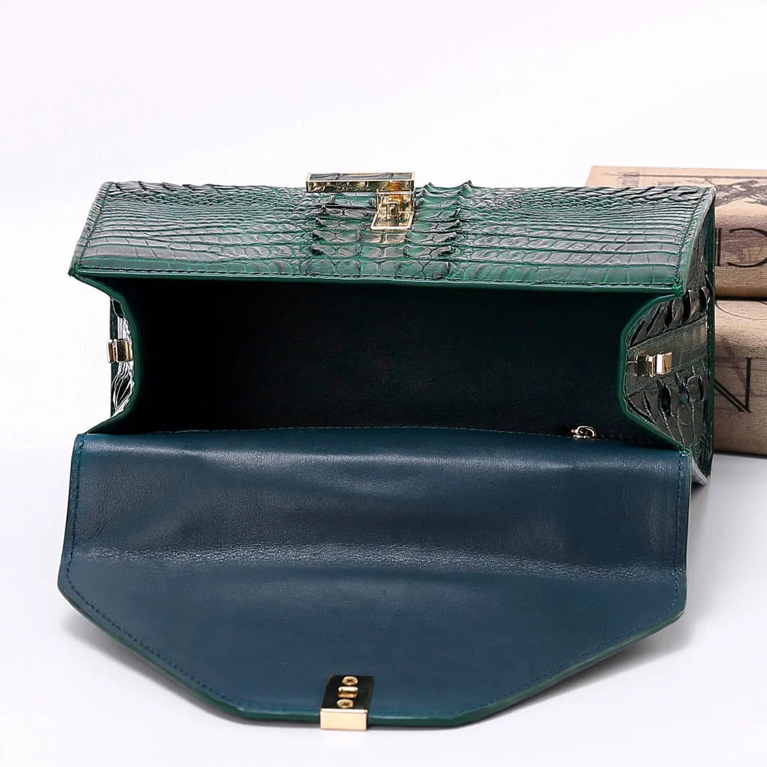 Genuine Crocodile Skin Bone  Leather Top Handle Bags Dark Green