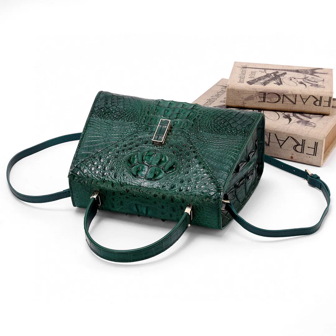 Genuine Crocodile Skin Bone  Leather Top Handle Bags Dark Green