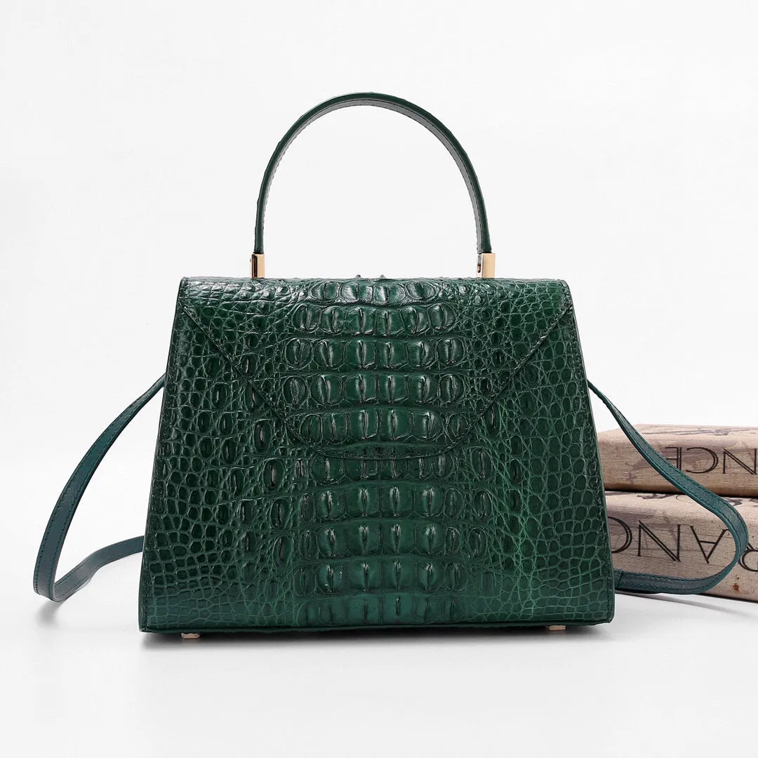 Genuine Crocodile Skin Bone  Leather Top Handle Bags Dark Green