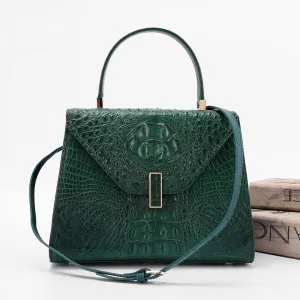 Genuine Crocodile Skin Bone  Leather Top Handle Bags Dark Green