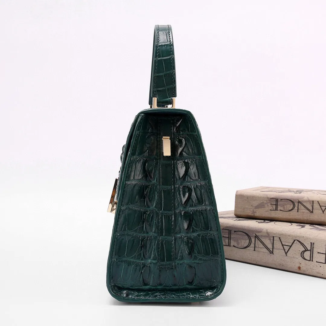 Genuine Crocodile Skin Bone  Leather Top Handle Bags Dark Green