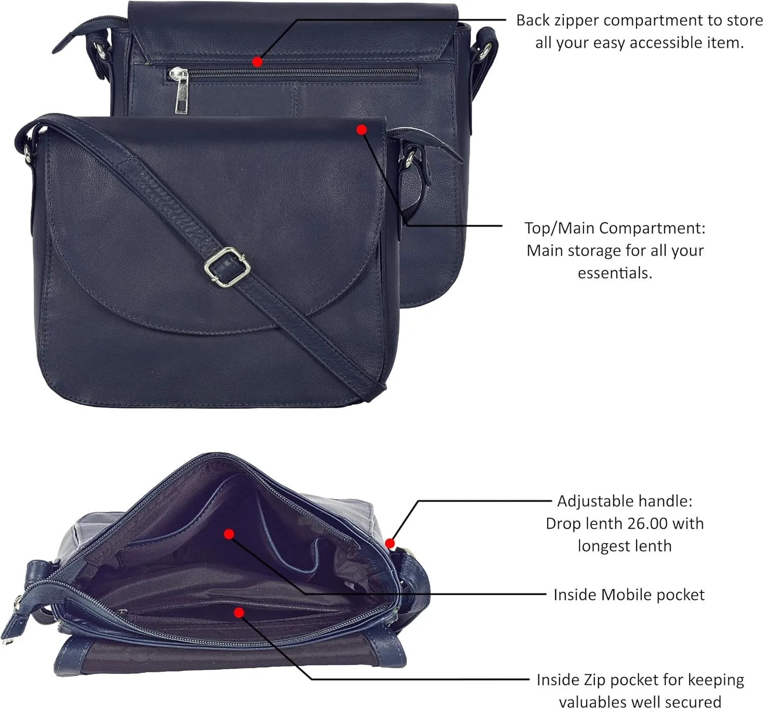 Genuine Leather Shoulder Crossbody Purse For Women with Adjustable Strap, Mobile Pocket & Outside & Inside Zipper