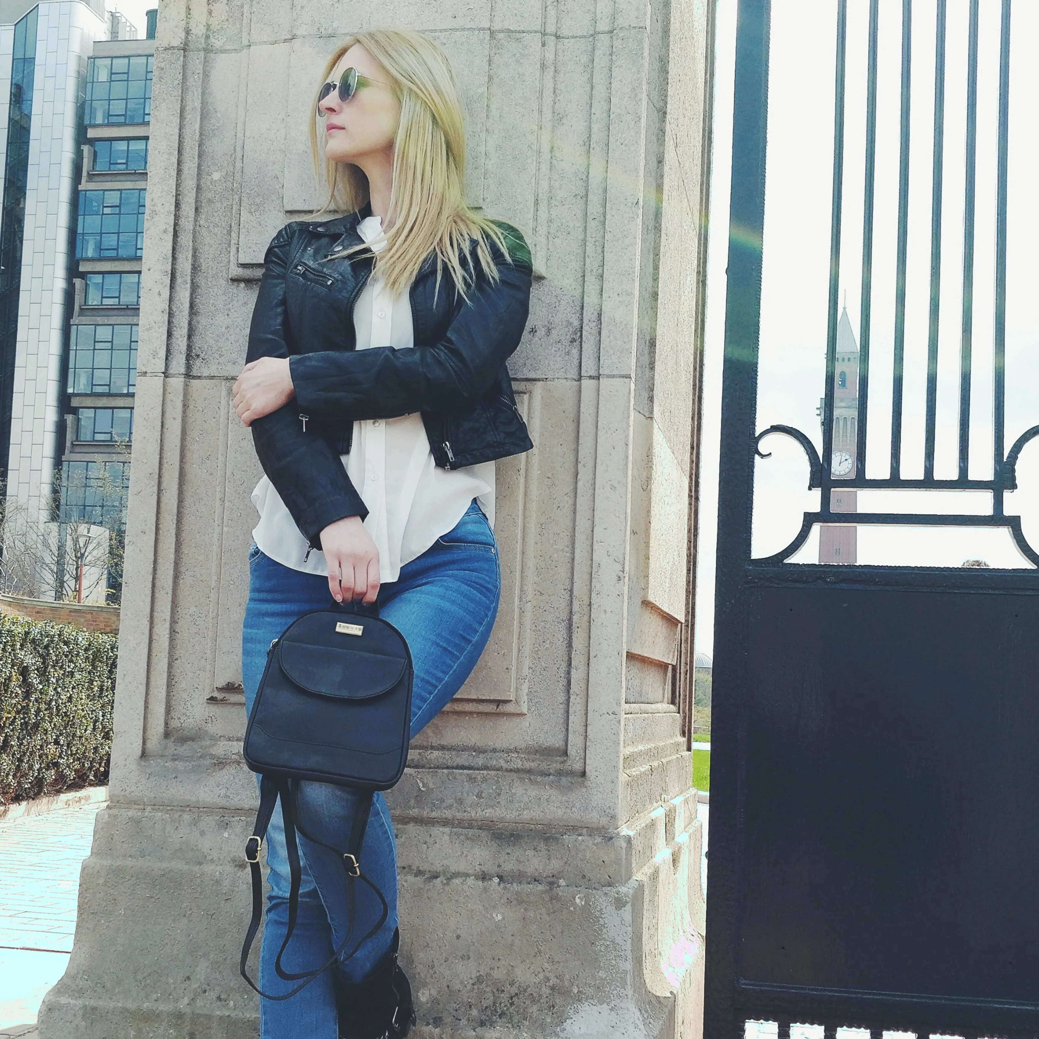'GEORGE' Black Mini Pebble Grain Leather Backpack